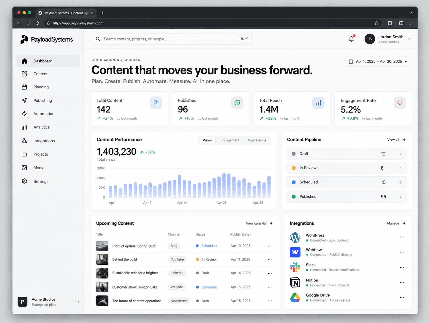 PayloadSystems content operations interface preview